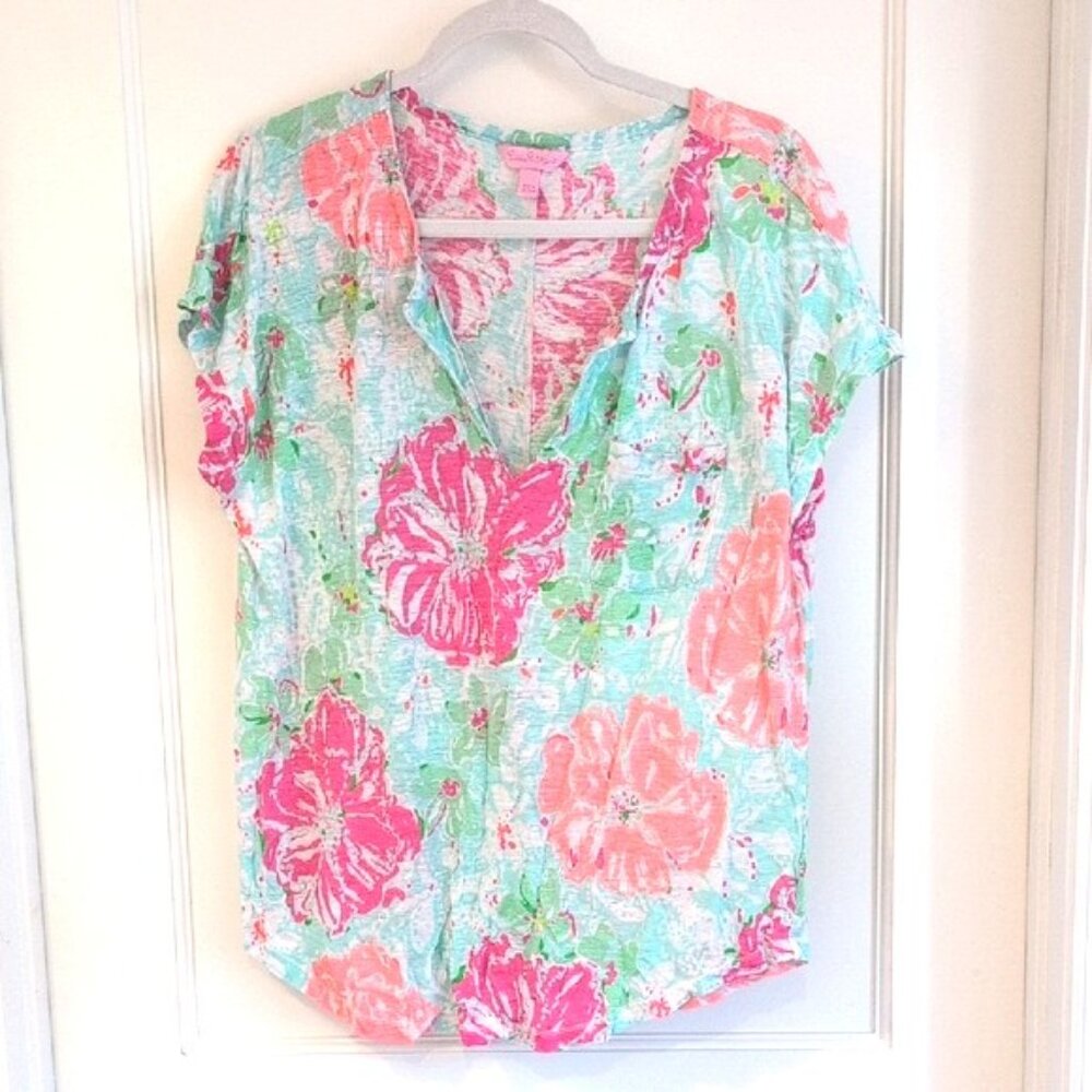 Lilly Pulitzer Duval Linen Top Lg Sea Foam Green Notch Neck Short Sleeve GUC